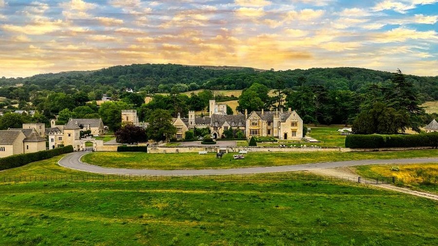 A collage of luxury manor house hotels in the Cotswolds, showcasing elegant architecture and scenic surroundings for 2020.
